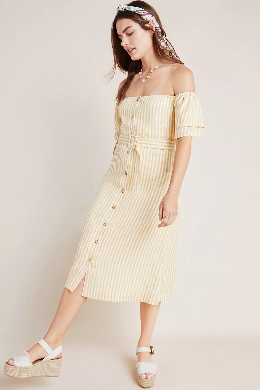 New Anthropologie Linen Off-The-Shoulder Dress SMOCKED $148 MEDIUM Yellow Stripe